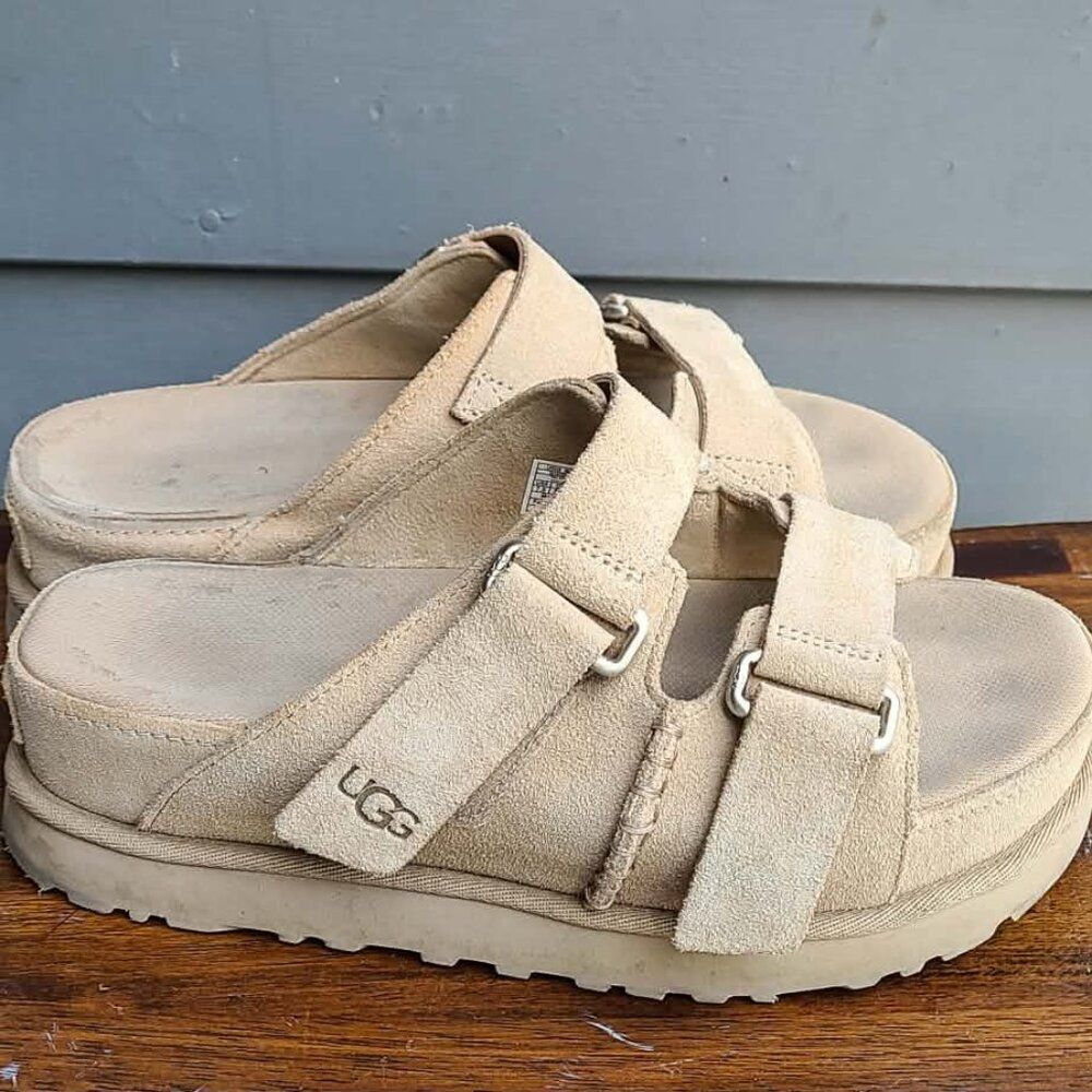 UGG Tan Goldenstar Hi Slide Platform Sandals in Sand Suede size 7 1/2